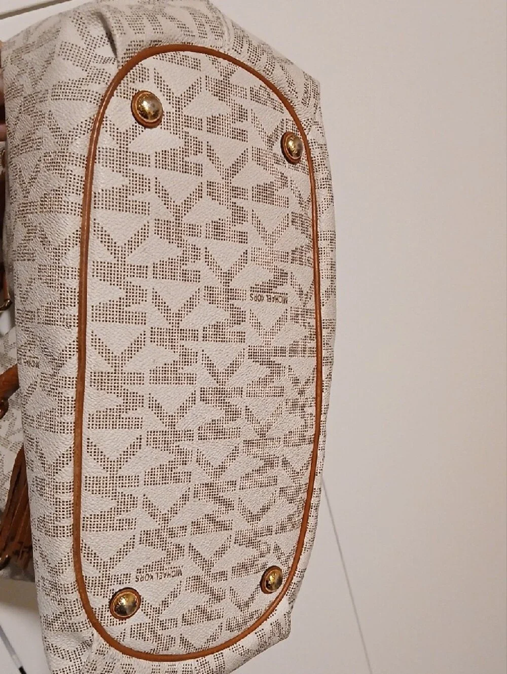 Michael Kors Beige Logo Tote with Brown Leather Trim and Tassel